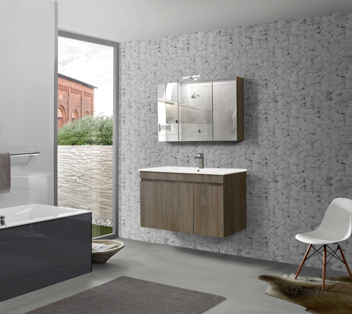 Комплект шкаф, мивка и огледало с шкафове за баня OMEGA GREY OAK 100 - Image 2