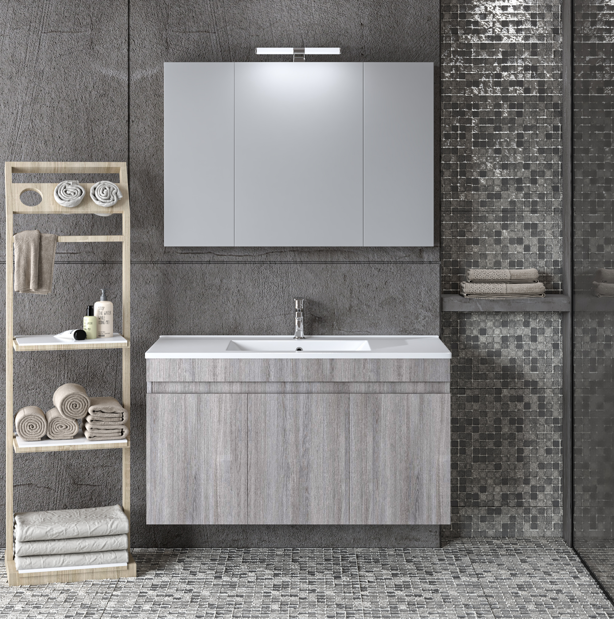 Комплект шкаф, мивка и огледало с шкафове за баня OMEGA GREY OAK 100