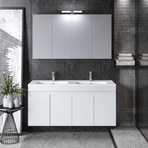 Комплект шкаф, мивка с две корита и огледало с шкафове за баня OMEGA WHITE 120