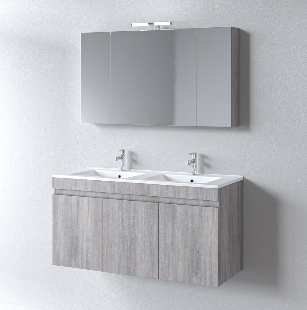 Комплект шкаф, мивка с две корита и огледало с шкафове за баня OMEGA GREY OAK 120 - Image 2