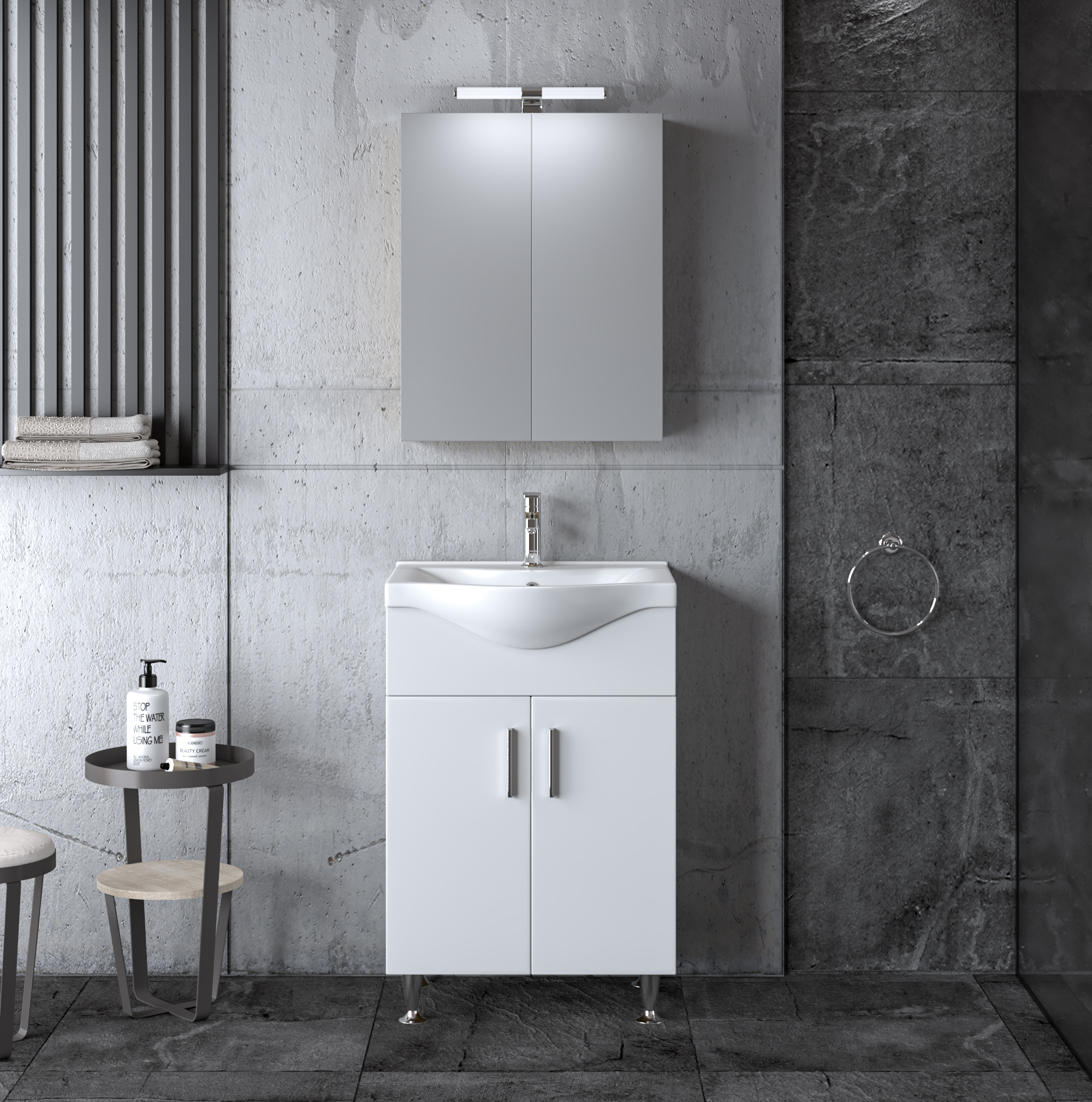 Комплект шкаф, мивка и огледало за баня SIENA WHITE 65