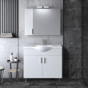 Комплект шкаф, мивка и огледало с шкафове за баня SIENA WHITE 90