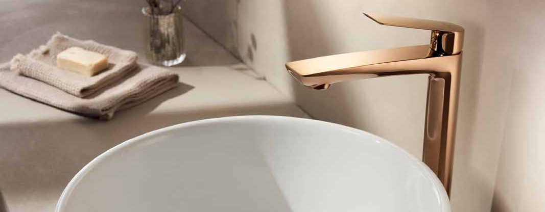 Висок смесител за мивка - розово злато
