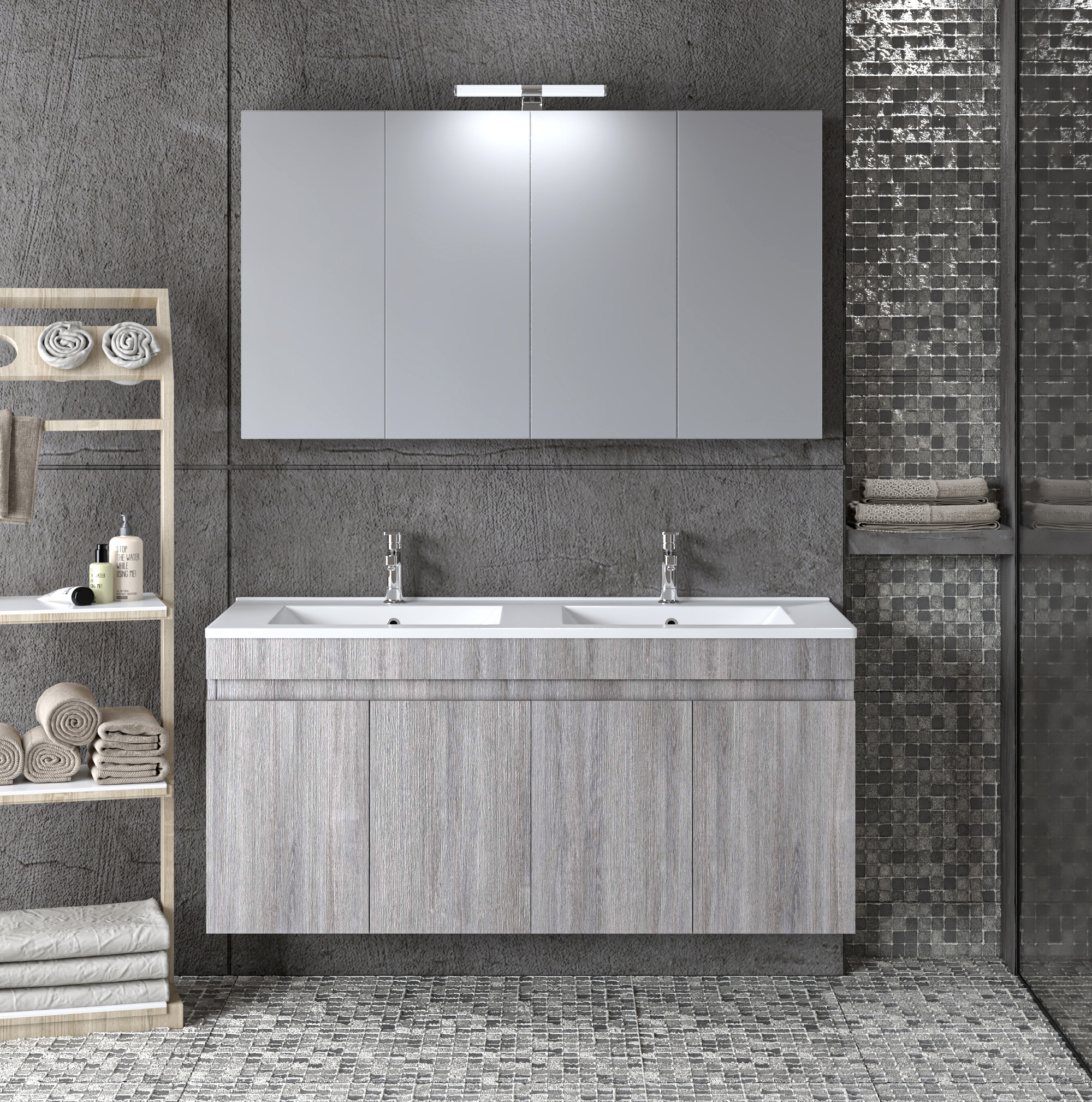 Комплект шкаф, мивка с две корита и огледало с шкафове за баня OMEGA GREY OAK 120 - Image 8
