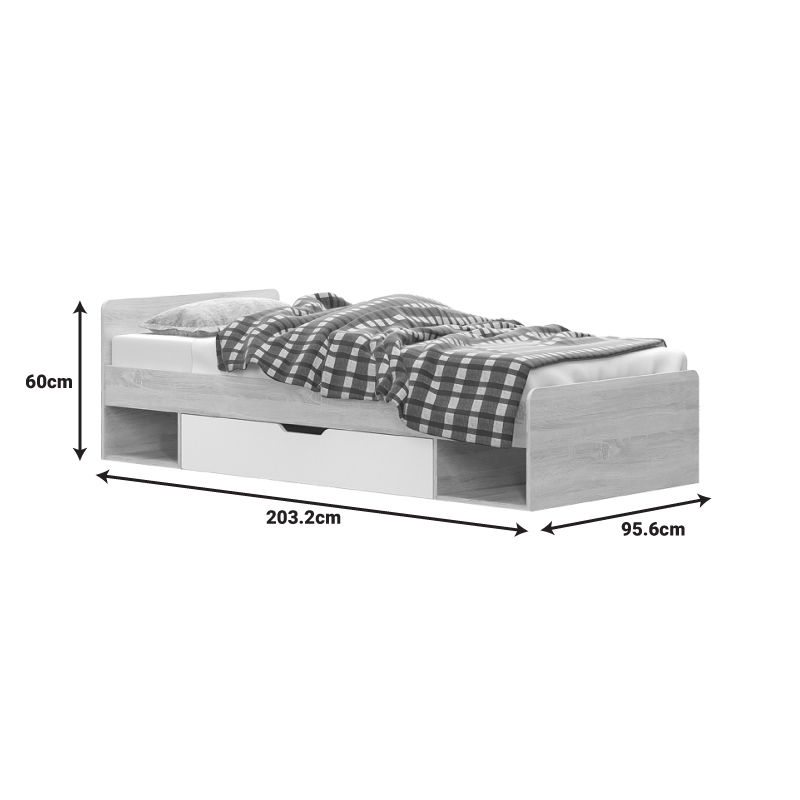 Единично легло Letto с чекмедже в цвят дъб - бял нюанс 90x200см - Image 2