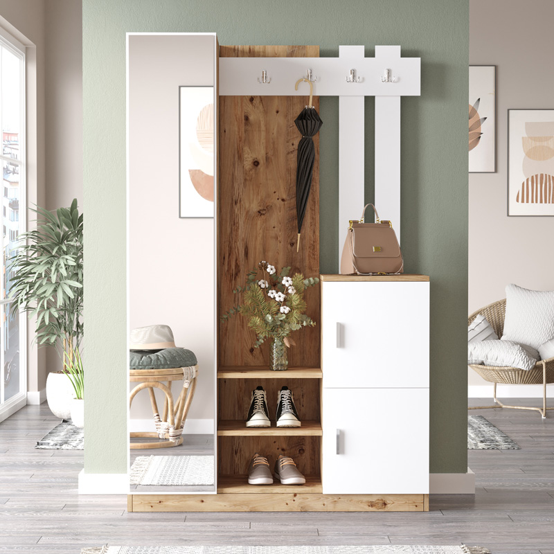 Мебел за антре Saron с огледало в естествен бял нюанс 113x35x180см - Image 3