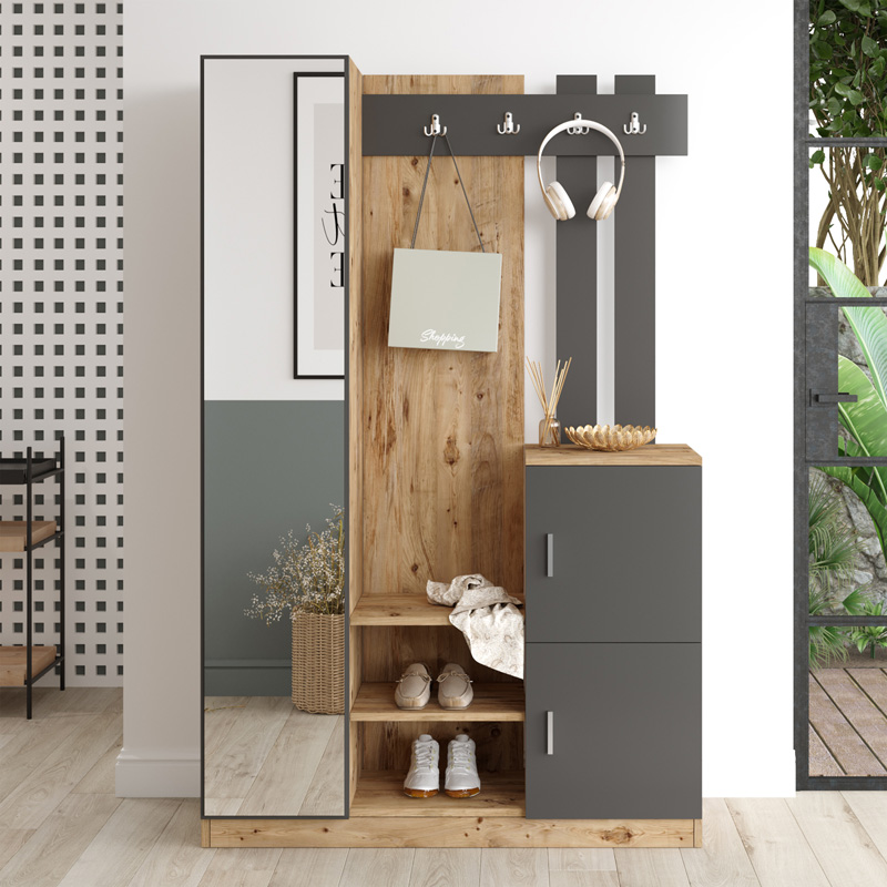 Мебел за антре Saron с огледало в естествен и антрацит нюанс 113x35x180см - Image 3