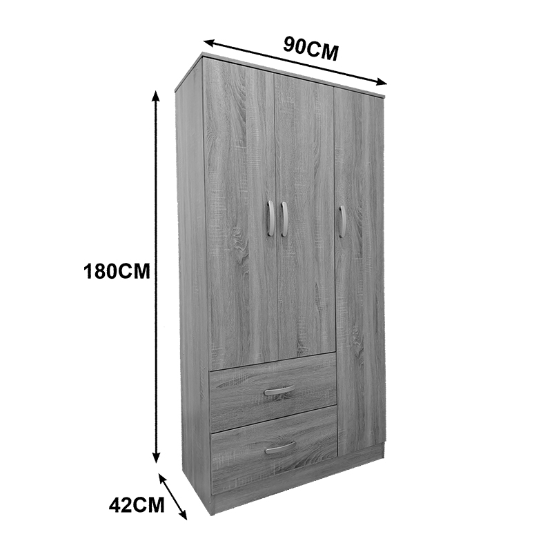 Трикрилен гардероб с 2 чекмеджета Athos в цвят венге 90x42x180см - Image 5