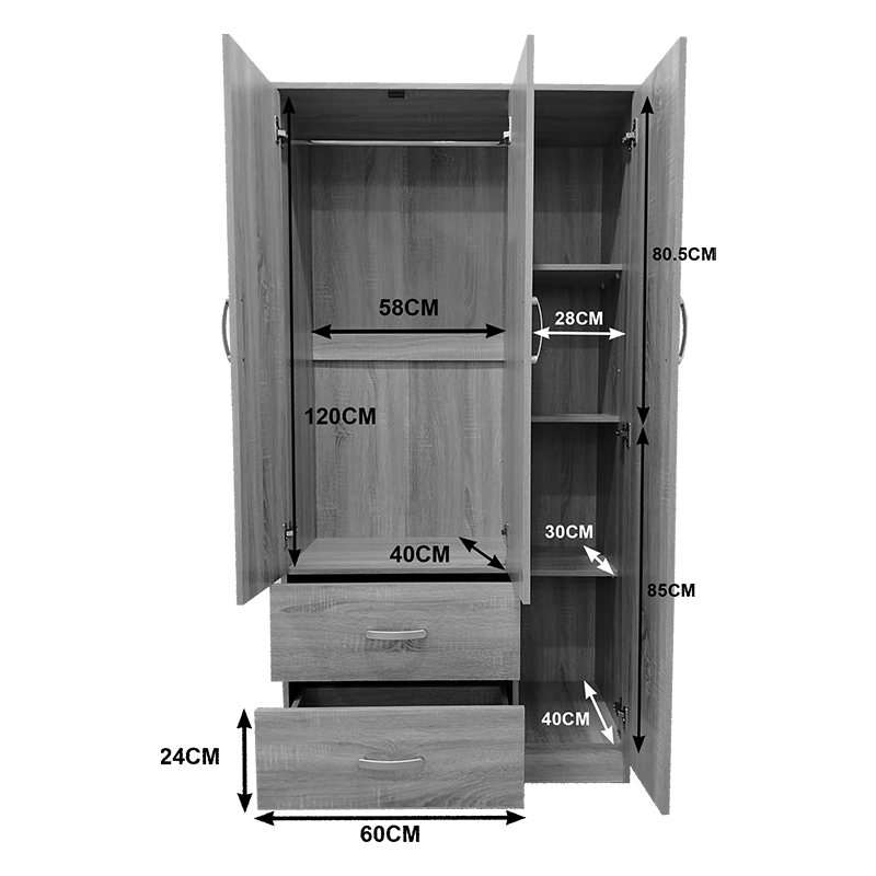 Трикрилен гардероб с 2 чекмеджета Athos в цвят венге 90x42x180см - Image 6