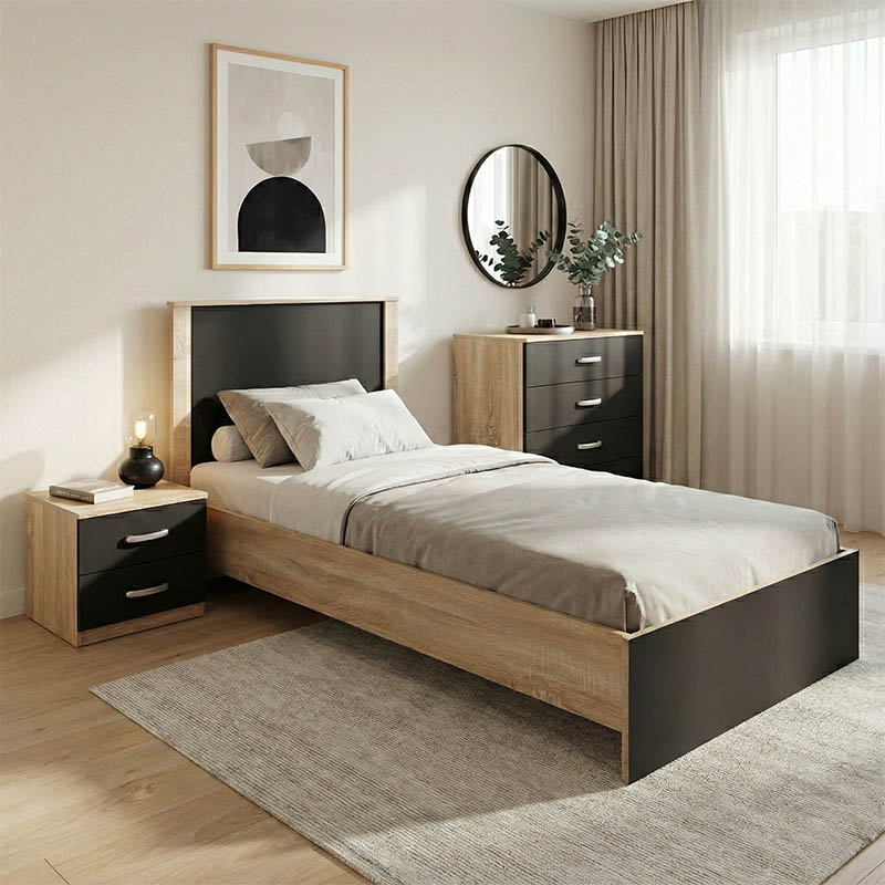 Комплект за спалня Athos Sonoma Charcoal с легло 90x190 см, 3 части