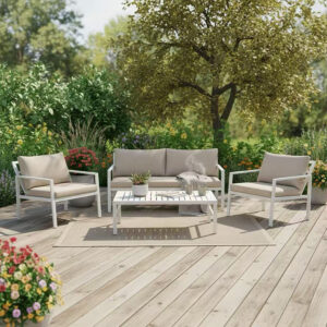 Комплект за отдих Gardenly 4 части, алуминий, бяло с бежови възглавници