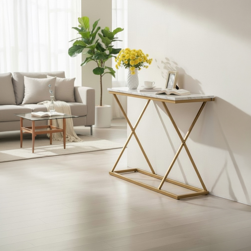 Конзола Glimmer бял мрамор със златен метал 100x30x80см