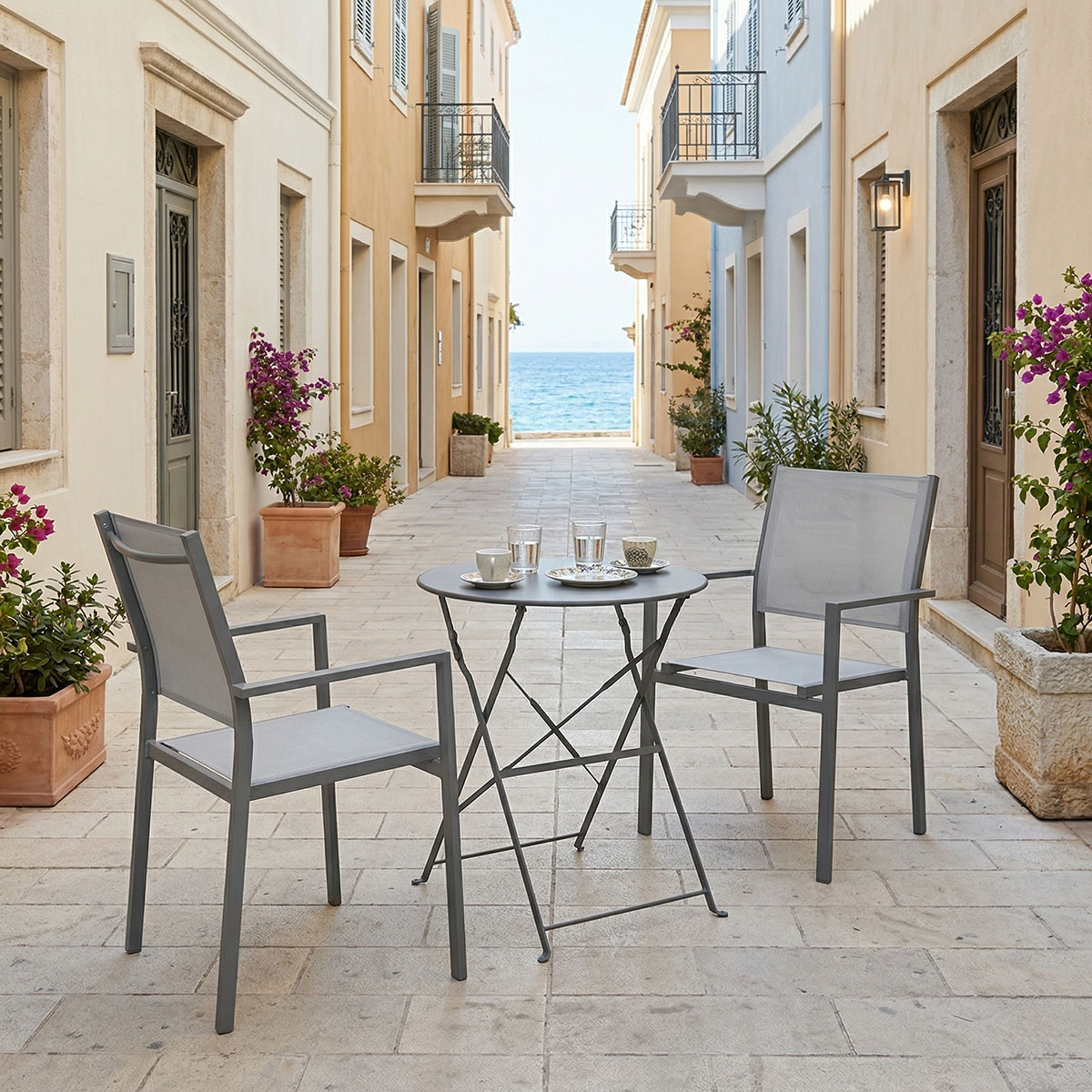 Комплект трапезна маса Bistro Confidence от 3 антрацит, метал със сив текстилен Φ60x71см