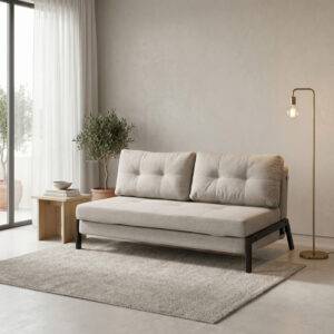 Двуместен диван - легло Fancy плат бежово-черни метални крака 150x98x70см