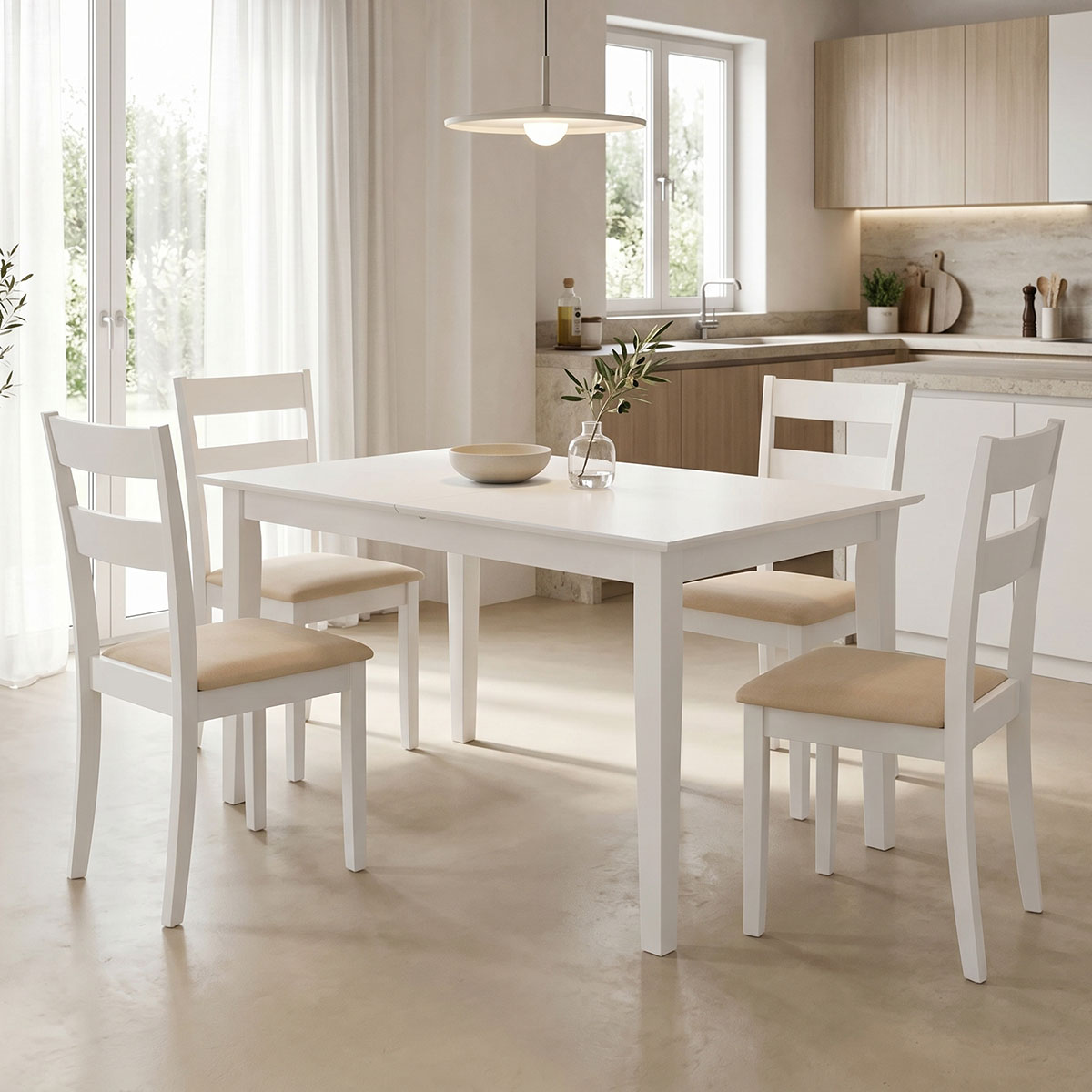 Трапезна маса Dallan Mabor 5 бр. бяло каучуково дърво 120-150x80x73.8 см