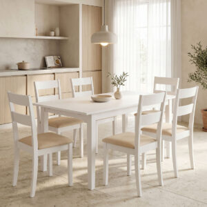 Трапезна маса Dallan Mabor 7 части бяло каучуково дърво 120-150x80x73.8 см