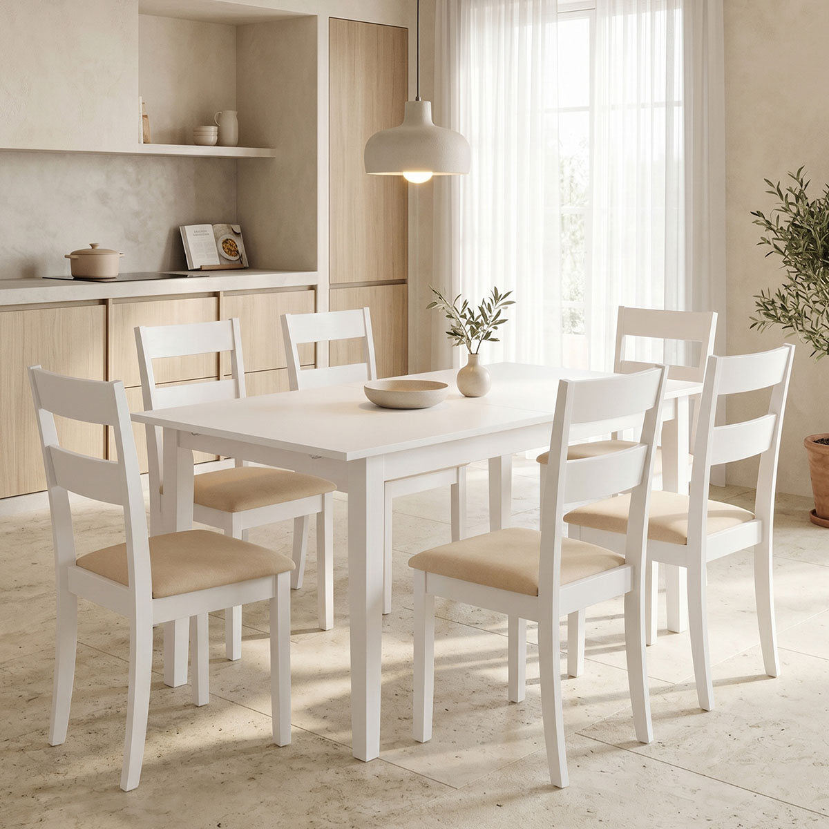 Трапезна маса Dallan Mabor 7 части бяло каучуково дърво 120-150x80x73.8 см