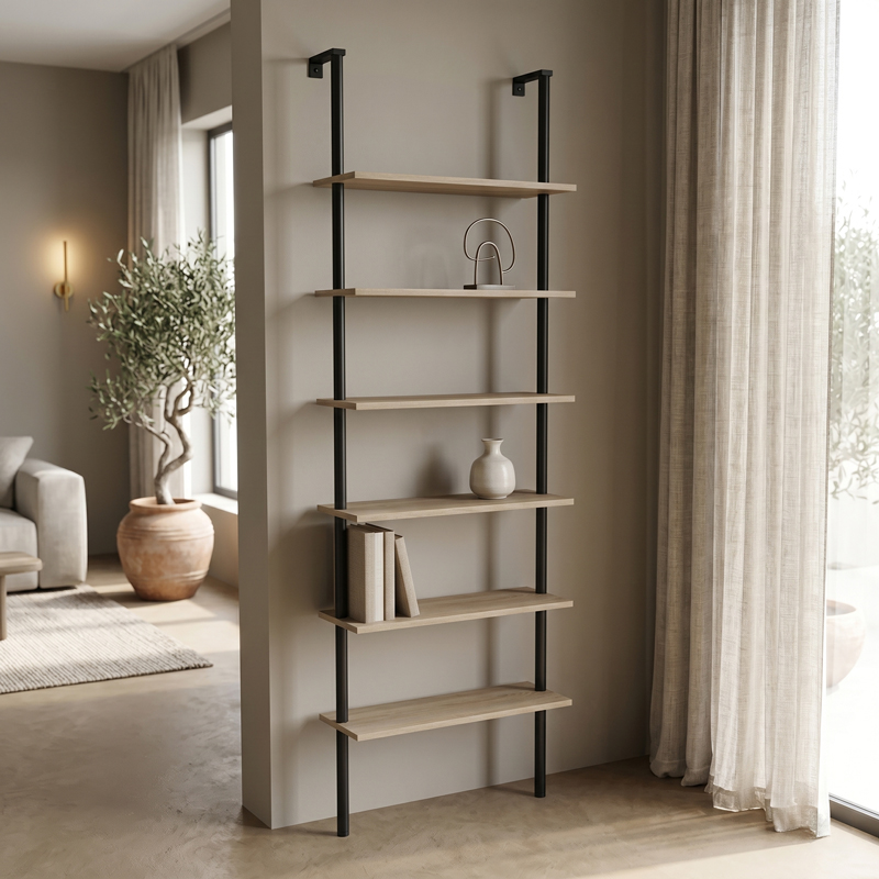 Стенен шкаф за книги Dimmo sonoma-черен метал 60x20x180см