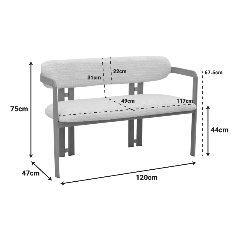 Двуместен диван Berdona черно-бял плат-черни метални крака 120x47x78см - Image 8