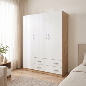 Трикрилен гардероб с 2 чекмеджета Alvia бял със сонома 150x51x180см