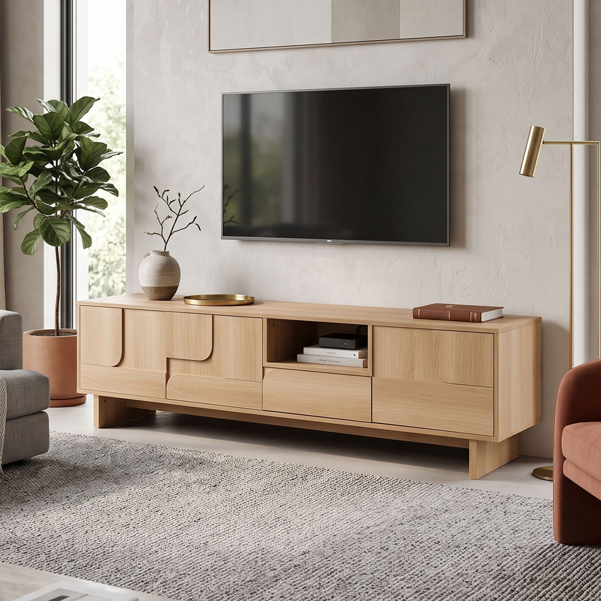 ТВ шкаф Jenfia от MDF в естествен цвят 180x39x45.5 см