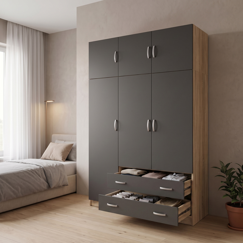 Трикрилен гардероб с лофт Alvia sonoma с антрацит 150x51x240см - Image 2