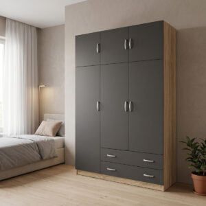 Трикрилен гардероб с лофт Alvia sonoma с антрацит 150x51x240см
