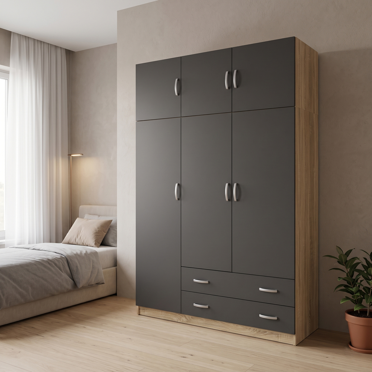 Трикрилен гардероб с лофт Alvia sonoma с антрацит 150x51x240см