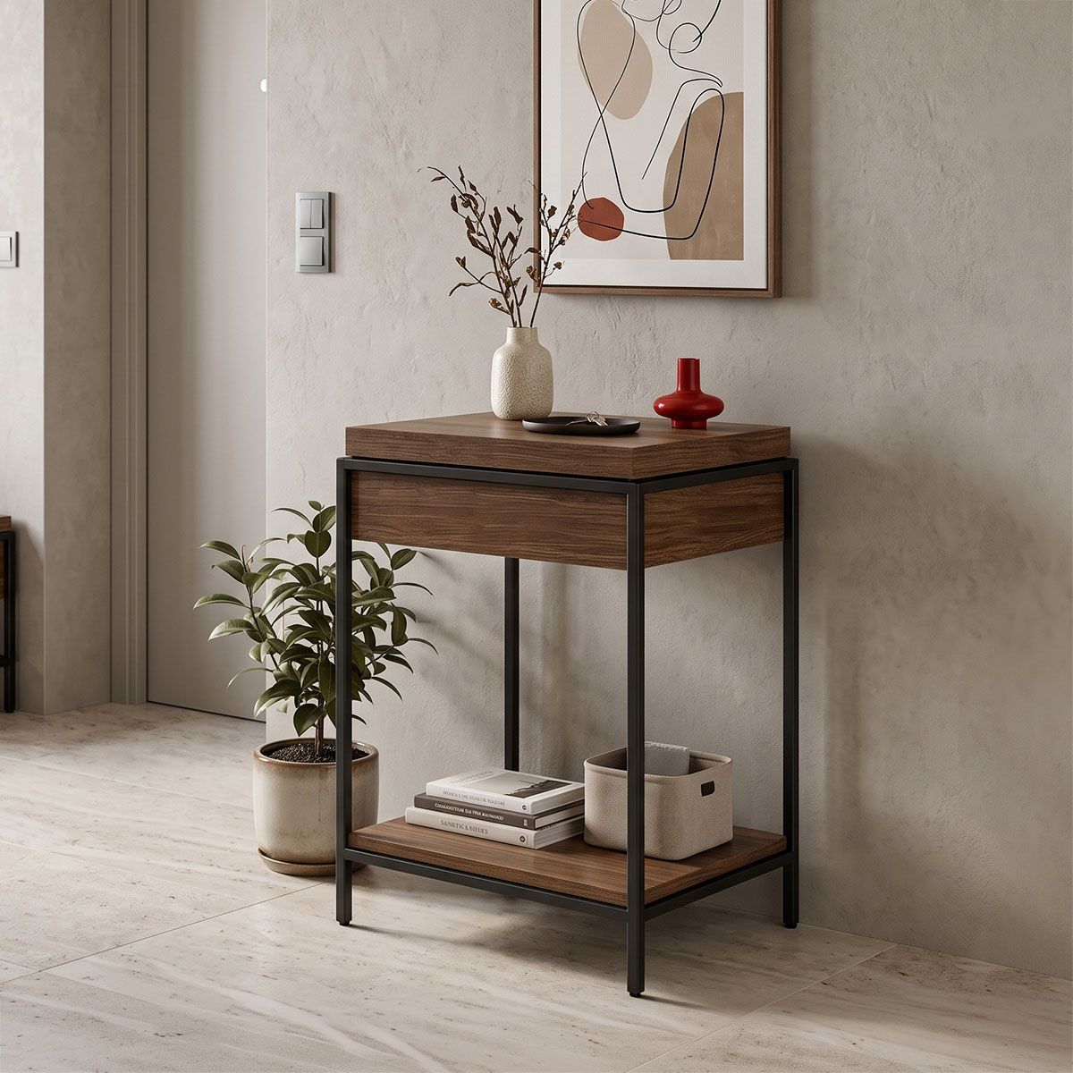 Конзола Odar с място за съхранение, орех, MDF с черен метал, 63x63x80см